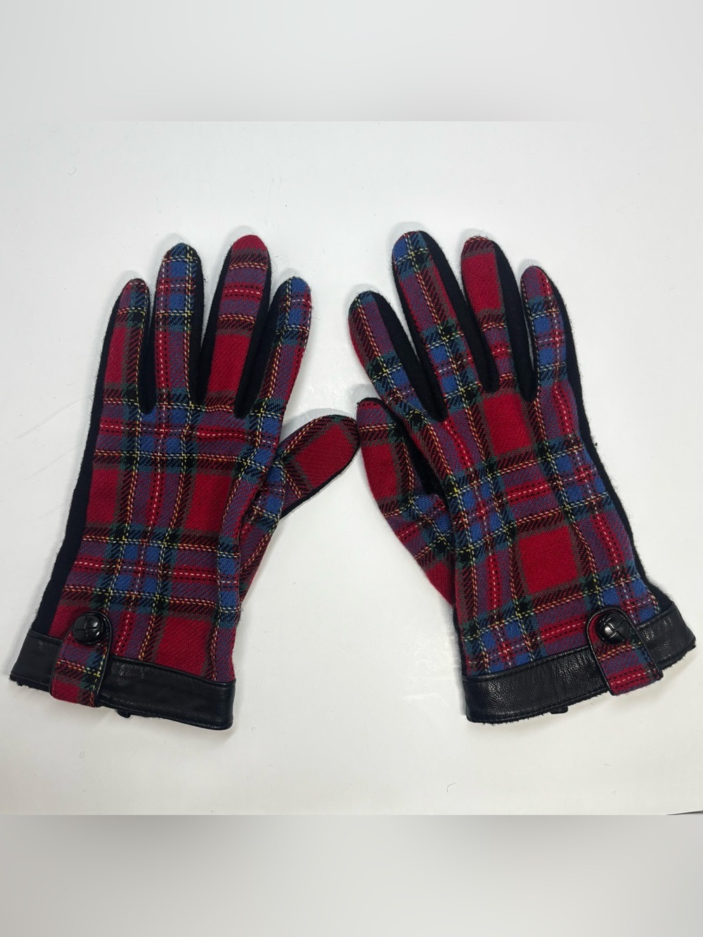 Lauren Ralph Lauren Plaid Gloves Wool Cashmere Blend Black Leather Trim Tartan